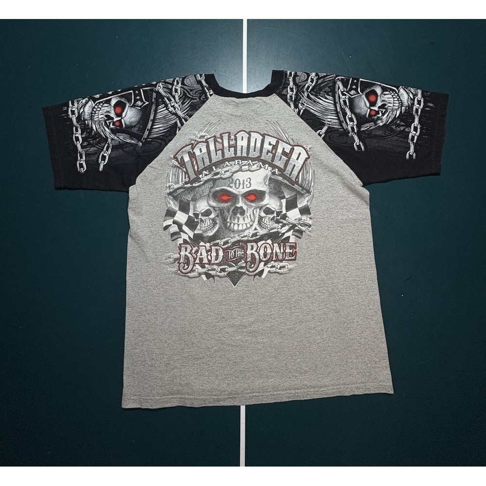 Talladega Alabama T Shirt Size Large Racetrack Bad To The Bone Skulls Grunge